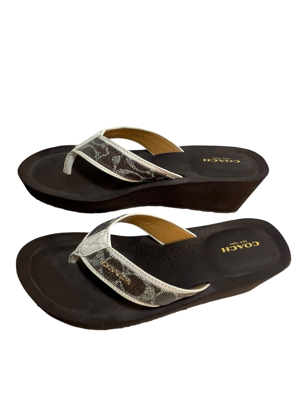 COACH Jolene Brown Cream Gold Thong Wedge Heel Sandals Women’s Size 9.5 B NWOB - Picture 9 of 15